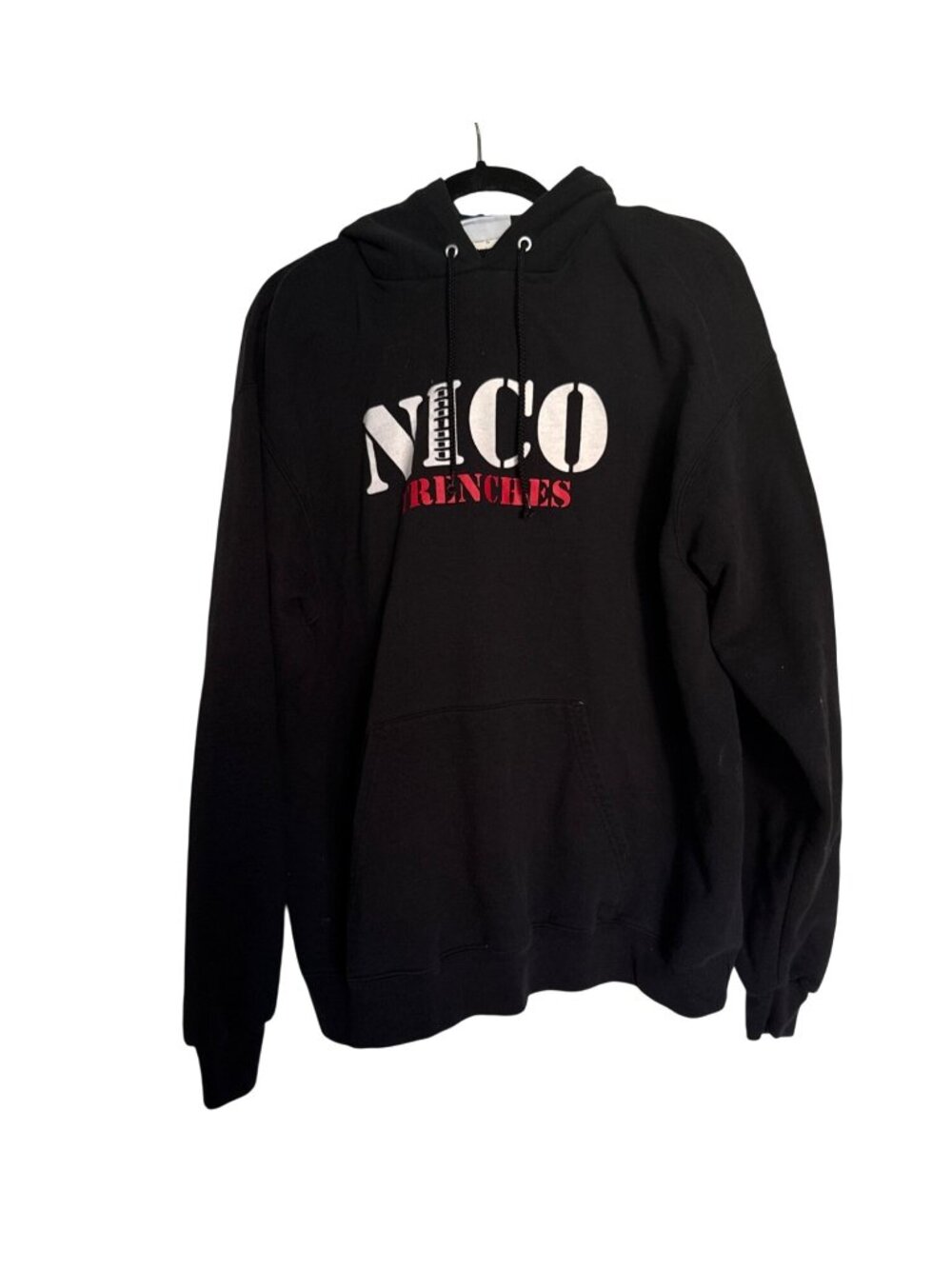 Champion XL Black Hoodie With "Nico Trenches" Print Drawstring Hood & Front Pock